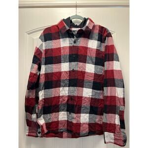 Hollister Men’s Relaxed Flannel Button Down Check Hoodie Shirt Size M Red‎ Black
